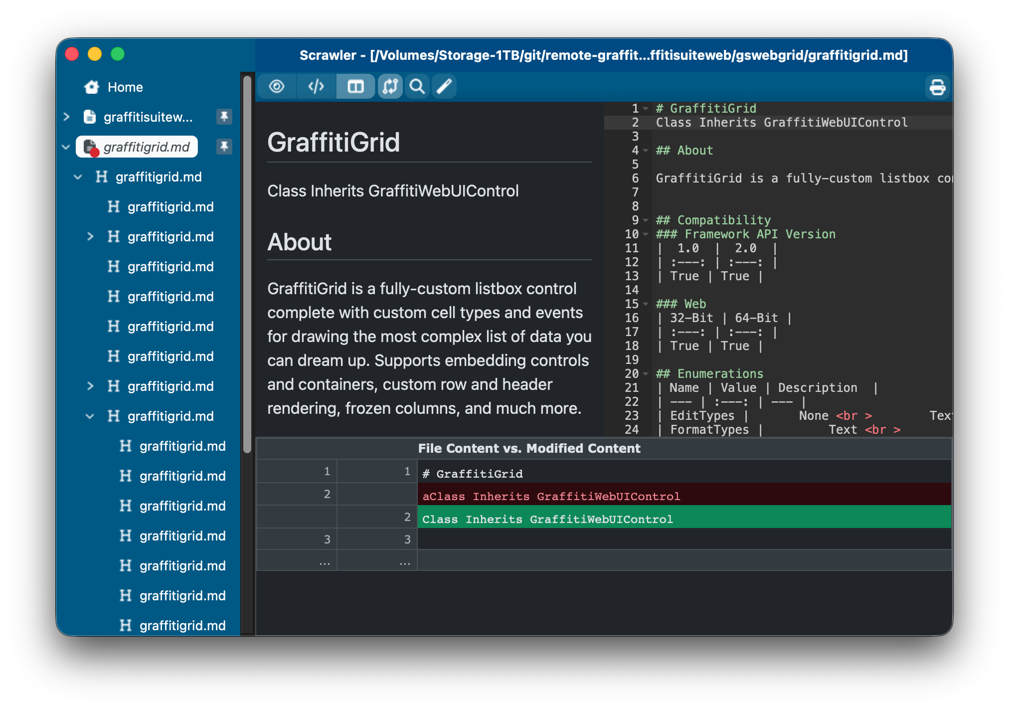 Scrawler Code and Diff Split Editor View